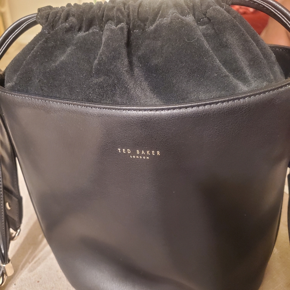 Ted Baker Black Leather & Suede Equestrian Hobo/Bucket Bag